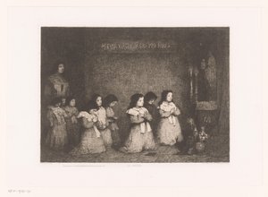 Grupo de niñas en oración frente a una estatua de la Virgen María
La Prière (título en el objeto)
Eaux-Fortes Modernes: Originales et Inédites (título de la serie)