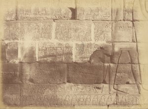 Vista de cerca de inscripciones jeroglíficas y esculturas (Lista de las naciones derrotadas), Karnak de Théodule Devéria