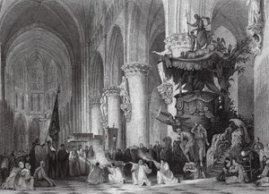 Catedral de San Gúdulo, con célebre púlpito tallado, Bruselas (grabado) de Thomas (after) Allom