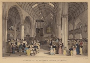 Interior de la Iglesia de San Andrés, Plymouth, Devon (grabado coloreado) de Thomas (after) Allom