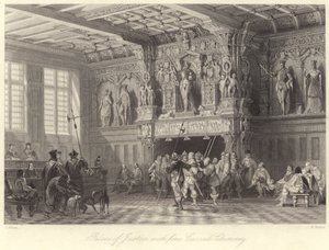Palacio de Justicia, con fina chimenea tallada, Brujas (grabado) de Thomas (after) Allom
