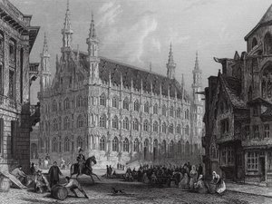 Ayuntamiento de Lovaina, con parte de la catedral (grabado) de Thomas (after) Allom