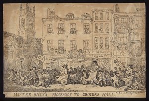 Procesión del Maestro Billy al Grocers Hall; Sátira política sobre la procesión de William Pitt el Joven al Grocers Hall para recibir la libertad de la Ciudad de Londres