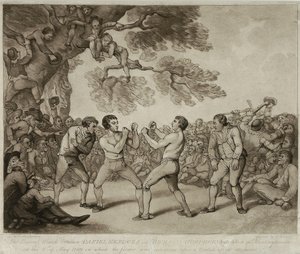 El combate de boxeo entre Daniel Mendoza y Richard Humphreys en Stilton, Huntingdonshire, 6 de mayo de 1789 (grabado por Joseph Grozer) de Thomas (after) Rowlandson