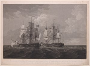 Placa que representa a la Fragata Francesa La Proserpine de 40 Cañones batiendo sus colores a la Fragata de Su Majestad Dryad de 36 Cañones frente al Cabo Clear, el 13 de Junio de 1796... dedicada al Captn... Lord Amelius Beauclerk... de Thomas (after) Whitcombe