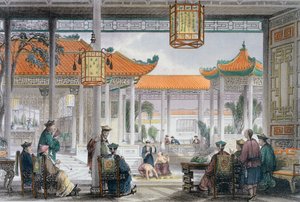 Malabaristas exhibiéndose en el patio del palacio de un mandarín, China, 1843 de Thomas Allom