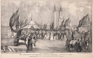 Ceremonia de apertura del Puente de Londres con el Viejo Puente de Londres de fondo de Thomas Allom
