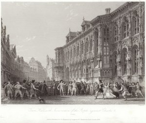 Ayuntamiento con insurrección del pueblo contra Carlos V de Thomas Allom