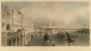 Vista de Londres, Inglaterra, desde el edificio Somerset House Marine, con la catedral de San Pablo y el puente de Londres. Litografía de Thomas Allom