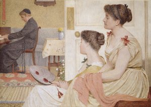 Escena en la sala de estar con un joven sacerdote en el piano, finales del siglo XIX de Thomas Armstrong