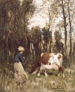 Niña conduciendo una vaca de Thomas Austen Brown