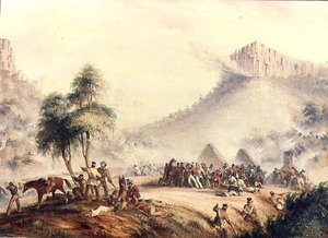 La patrulla del coronel Yarborough atacada en Waterkloof por cafres y hotentotes rebeldes de Thomas Baines