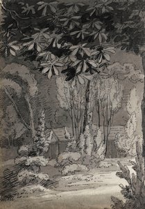 Vista a través de los árboles hacia un edificio de una sola planta (verso) de Thomas Baxter