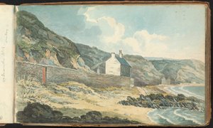 Álbum de dibujos de paisajes y figuras: Casas en una costa rocosa