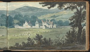 Álbum de estudios de paisajes y figuras: Paisaje rural con granja y ovejas pastando