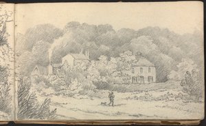 Álbum de Estudios de Paisajes y Figuras: Escena rural con casas y un cazador y su perro de Thomas Bradshaw