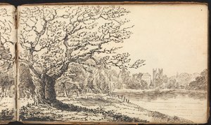 Álbum de estudios de paisajes y figuras: Árboles junto a un río con edificios a lo lejos de Thomas Bradshaw