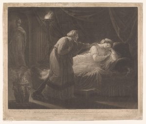 Penélope wordt gewekt puerta Euryclea Penélope despertada por Euryclea, con la noticia del regreso de Ulises y la muerte de los pretendientes (título sobre el objeto) de Thomas Burke