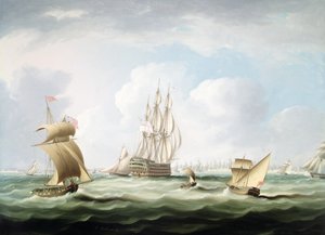 Un primer rango con un vicealmirante de la Junta Blanca y otras embarcaciones en la Bahía de Cádiz de Thomas Buttersworth