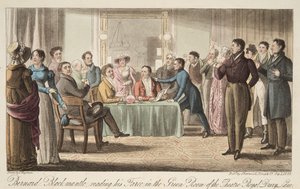 Bernard Blackmantle leyendo su farsa en el Green Room del Teatro Covent Garden, de The English Spy, pub. 1824 de Thomas Charles Wageman