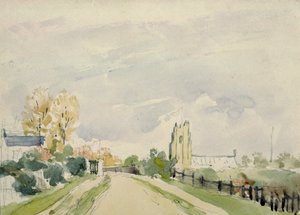 Paisaje de Suffolk, un Camino Ancho con una Pequeña Casa, una Iglesia y Árboles de Thomas Churchyard