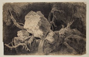 Cazador de pie en una cueva cerca de una roca y una cascada, c.1828 de Thomas Cole