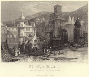 El Ghat en Hurdwar con hindúes bañándose en el Ganges de Thomas Colman Dibdin