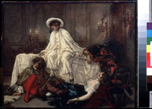 ""After the masked ball"" (Después de la mascarada) El final de la fiesta, cuatro personajes disfrazados desplomados o tumbados al final de una animada velada. Pintura de Thomas Couture (1815-1879) alrededor de 1850 Museo Pushkin, Moscú de Thomas Couture
