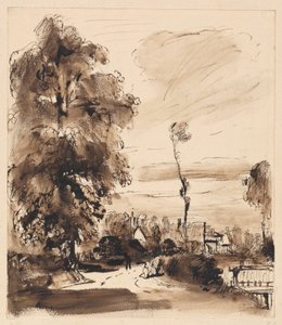 Un camino rural con casitas de Thomas Creswick