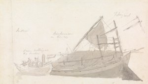 Barco de pesca con embarcación pequeña al costado de Thomas Daniell