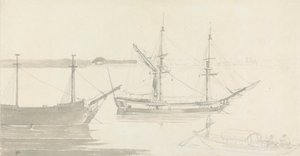 Dos barcos amarrados y un pesquero de Thomas Daniell