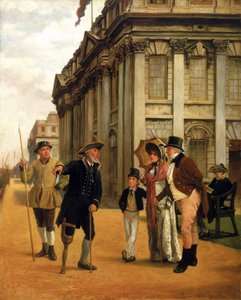 La historia de los residentes, frente al edificio King Charles court del hospital de Greenwich, un residente con una pata de palo, vestido con el uniforme reglamentario, habla con una pareja visitante y su hijo, a su alrededor, otros dos residentes de Thomas Davidson