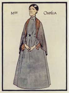La Srta. Ofelia, personaje de La cabaña del tío Tom (litografía en color)