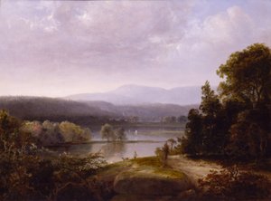 Vista al río con cazadores y perros de Thomas Doughty
