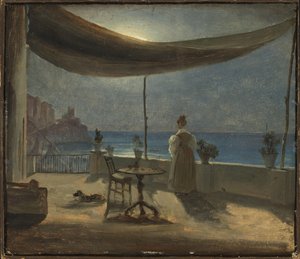 Una terraza en Amalfi a la luz de la luna, c.1834 (óleo sobre papel montado sobre tabla) de Thomas Fearnley