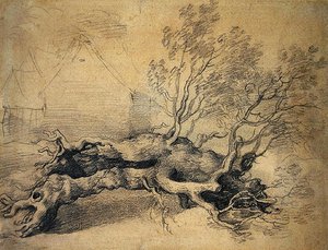 Un Árbol Caído con Edificios de Granja al Fondo de Thomas Gainsborough