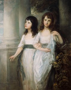 Un retrato de grupo de las señoritas Sloper, ambas de pie casi de cuerpo entero en vestidos blancos con fajas azules de Thomas Gainsborough