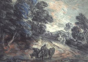 Paisaje boscoso con caballos bebiendo
