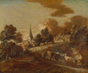 Un imaginario pueblo boscoso con arrieros y ganado de Thomas Gainsborough