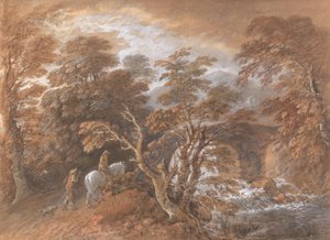 Paisaje montañoso con figuras acercándose a un puente