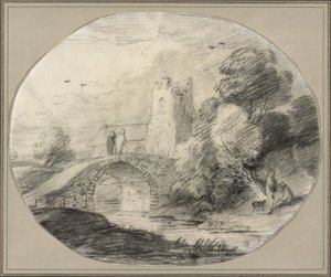 Paisaje fluvial con un puente y una iglesia