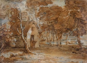 Paisaje boscoso, cabaña, figuras y bote en el lago de Thomas Gainsborough