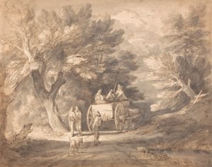 Paisaje boscoso con carro de campo y figuras caminando por un carril