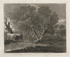 Paisaje boscoso con vacas junto a un estanque, figuras y cabaña de Thomas Gainsborough