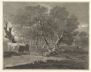 Paisaje boscoso con vacas junto a un estanque, figuras y cabaña, 1775-80 de Thomas Gainsborough