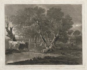 Paisaje Boscoso con Vacas junto a un Estanque, Figuras y Cabaña, publicado en 1797 de Thomas Gainsborough