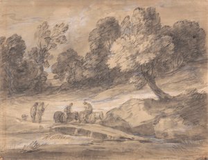Paisaje boscoso con figuras a caballo cruzando un puente de Thomas Gainsborough