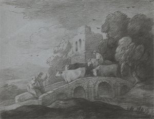 Paisaje boscoso con pastor conduciendo ganado por un puente, amantes rústicos y castillo en ruinas de Thomas Gainsborough