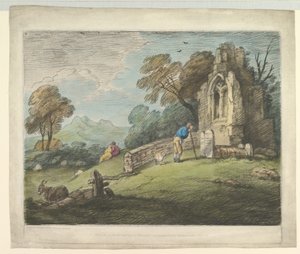Paisaje boscoso con campesino leyendo lápida, amantes rústicos e iglesia en ruinas de Thomas Gainsborough