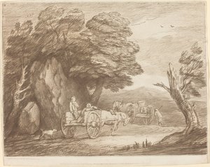 Paisaje boscoso con dos carros de campo y figuras